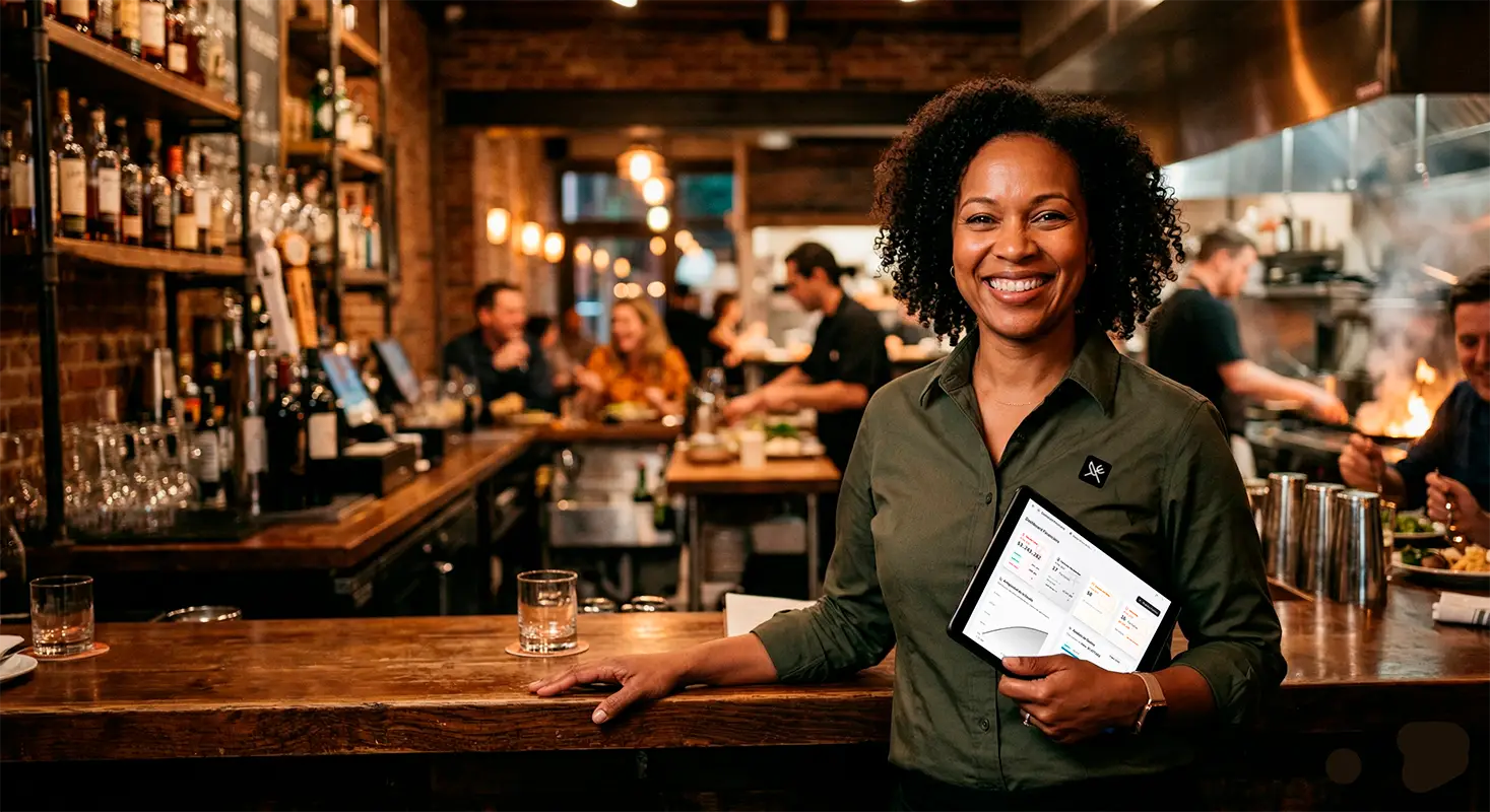 Dueña de restaurante usando AlPunto en su tablet